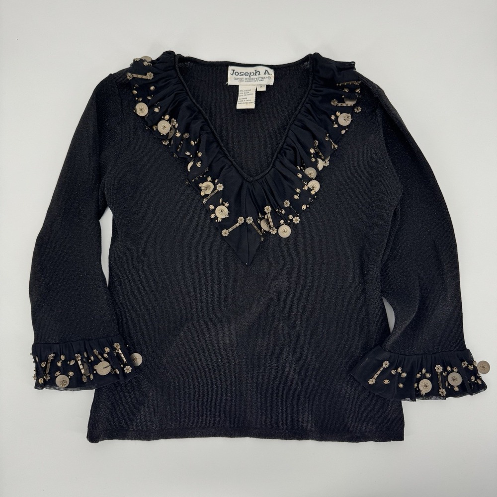 VTG Joseph A Qu'est-Ce Que C'est Beaded Ruffle Sweater Black M Y2K‎ Fairy Whimsy